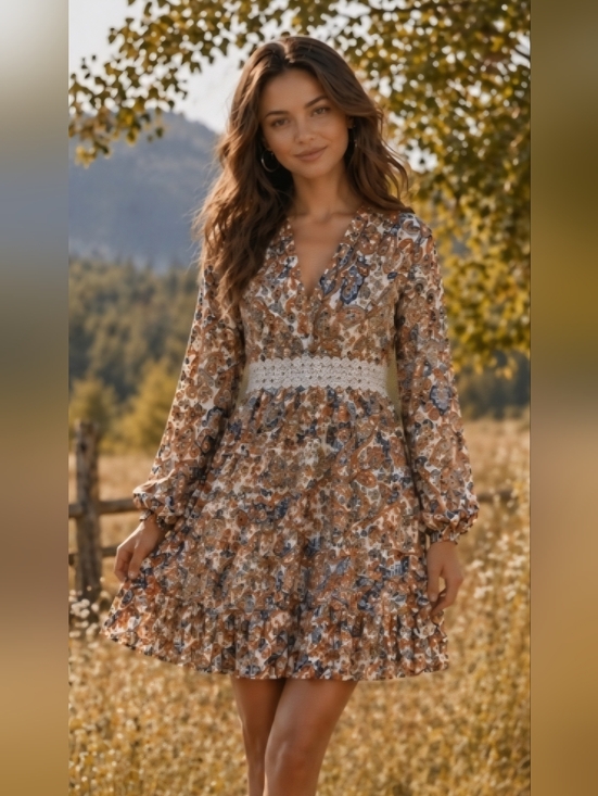 Dresses & Skirts - Paisley Long Sleeve Dress with Lace Detail, L